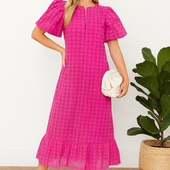 Tuckernuck Hyacinth House Tryall Preppy Eyelet Lace Ruffle Midi Dress Hot Pink S - Picture 1 of 15